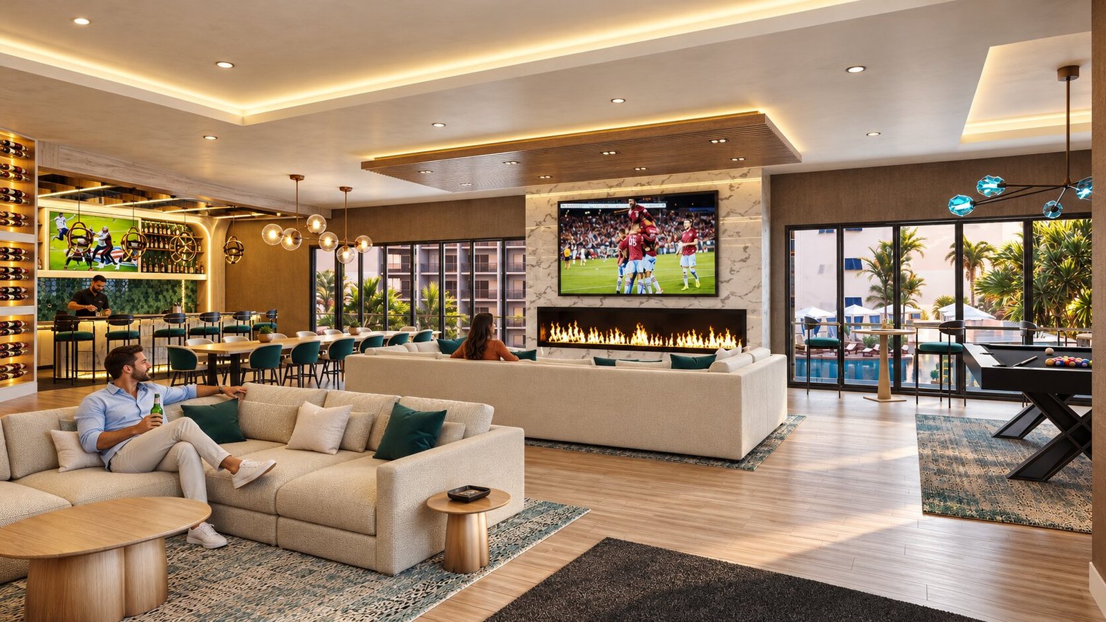 Cozy club house interior with bar and entertainment — Hospitality Visualization