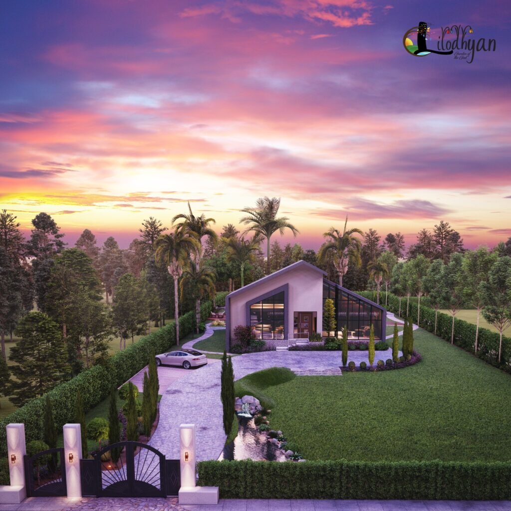 architectural, rendering, studio, animation, visualization, services, design, view, Idea, residential, home, bungalow, exterior, Perspective, front yard, walking area, mansion, lilodhyan, CGI, virtual reality, entrance gate, night