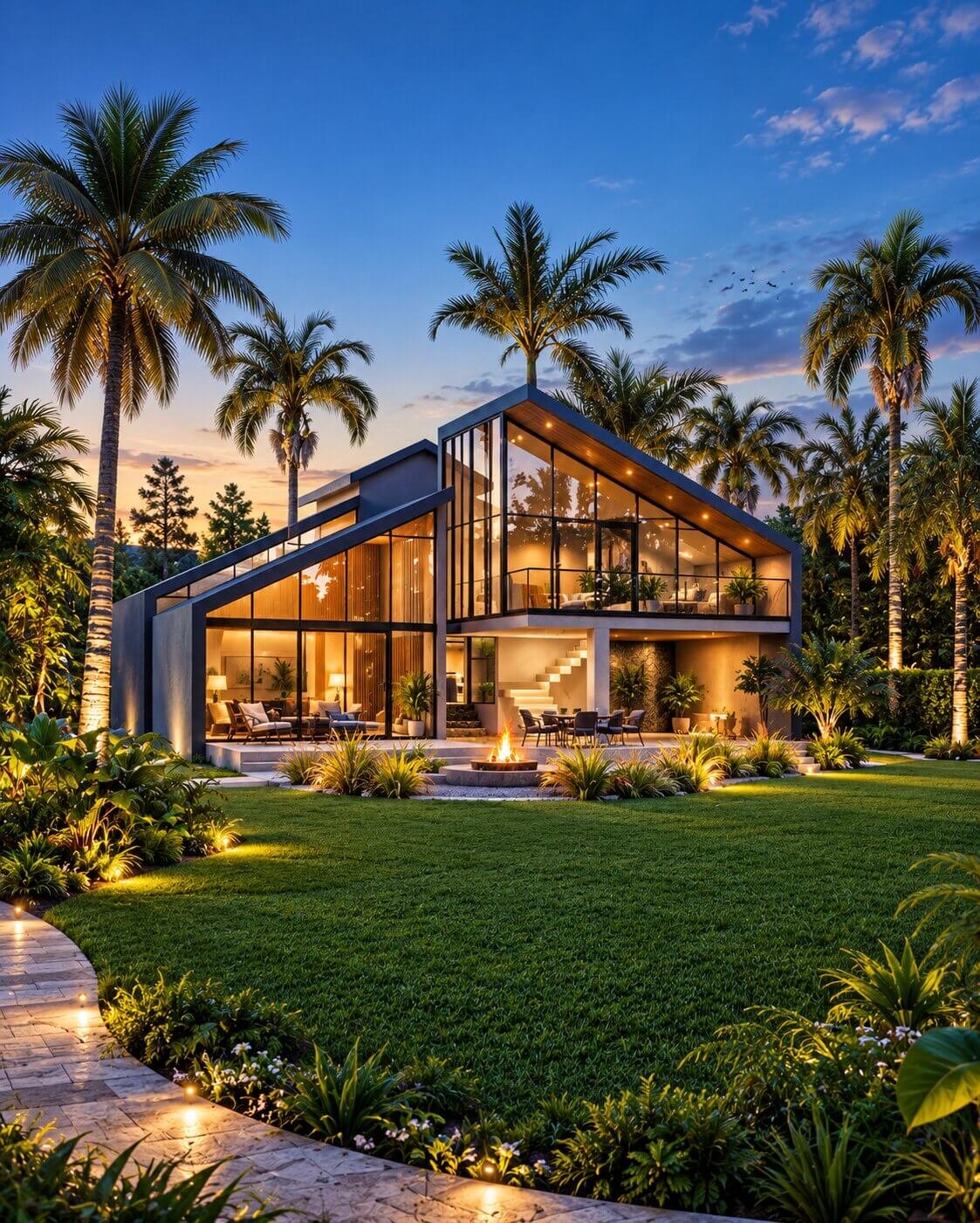 Modern tropical house exterior 3D rendering with large glass walls, landscaped garden, palm trees, and evening lighting – 3D rendering by Yantram Studio