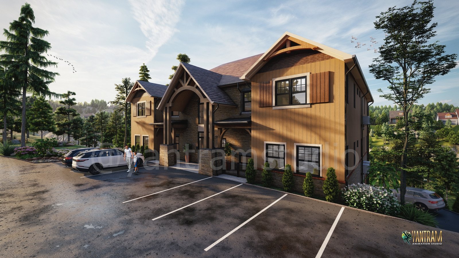 Modern rustic lodge-style building with timber siding, gabled roof, covered entrance porch, parking area, and forest surroundings. – 3D architectural visualization by Yantram Studio