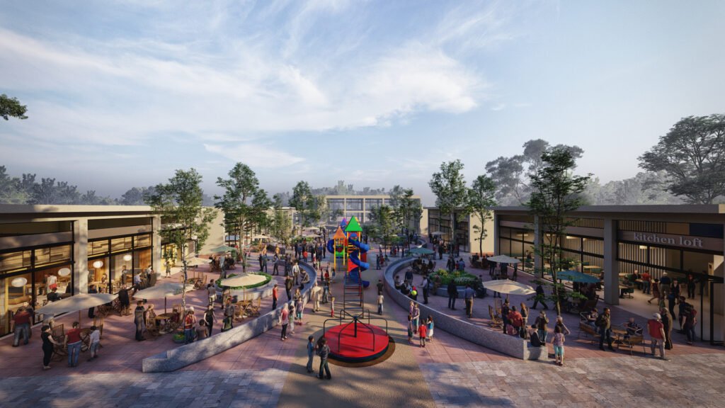Public park and restaurant hospitality venue render showing outdoor gathering space, buildings and pedestrian activity in daylight