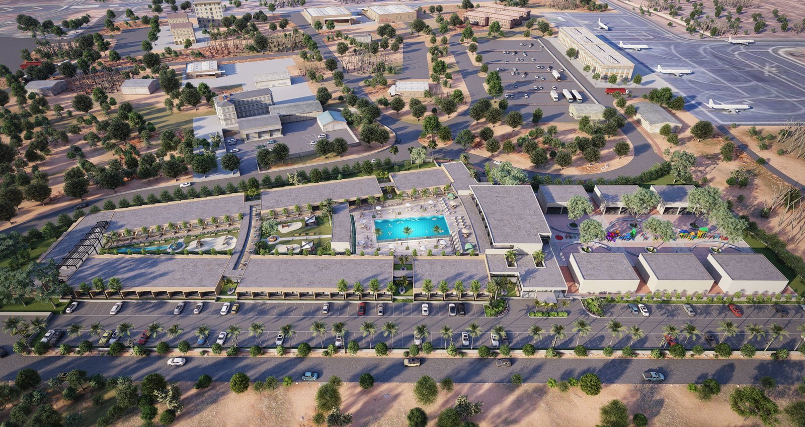 Aerial 3D master plan rendering of a resort and commercial complex with landscaped gardens, swimming pool, parking area, and nearby airport runway. – 3D architectural visualization by Yantram Studio