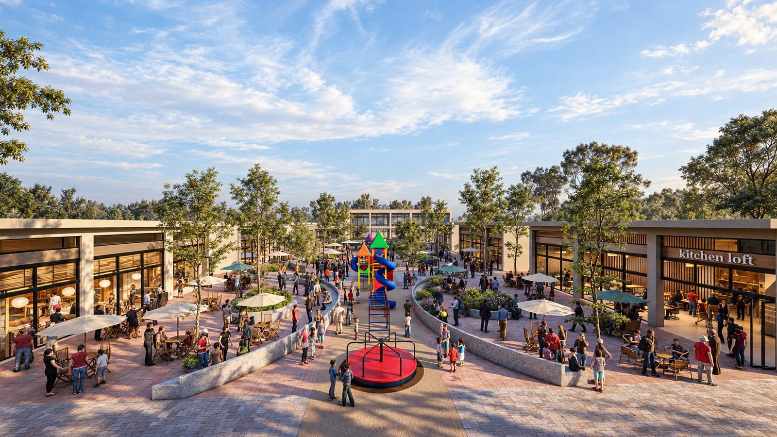 Public park and restaurant hospitality venue render showing outdoor gathering space, buildings and pedestrian activity in daylight — Motel 3D Rendering Services Canberra