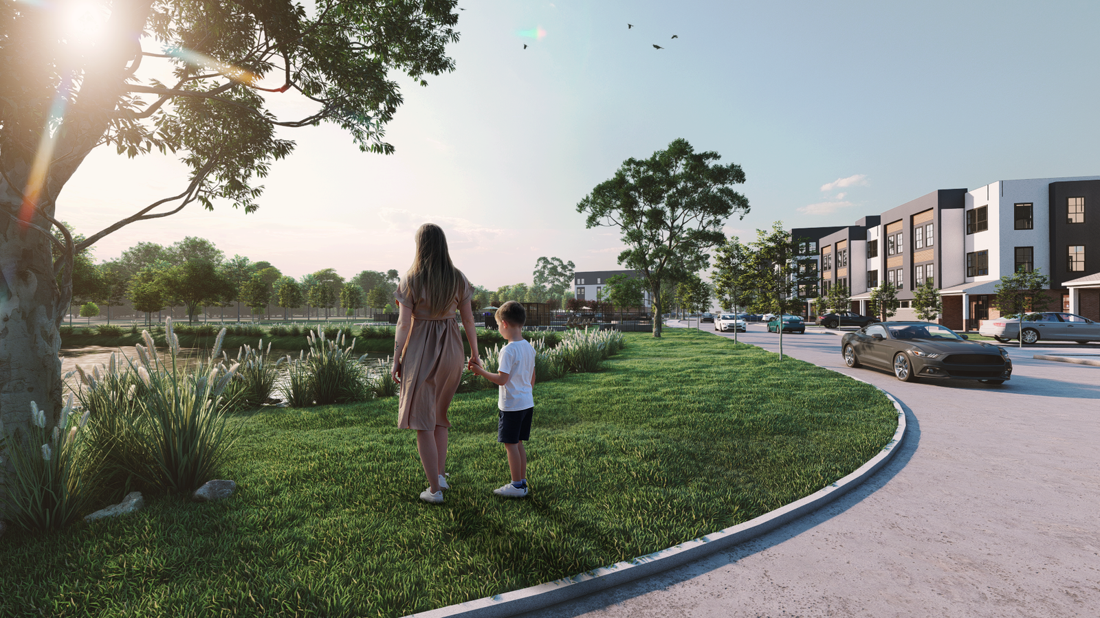 Modern residential community with landscaped park, walking paths, apartment buildings, and mother walking with child at sunset – 3D rendering by Yantram Studio