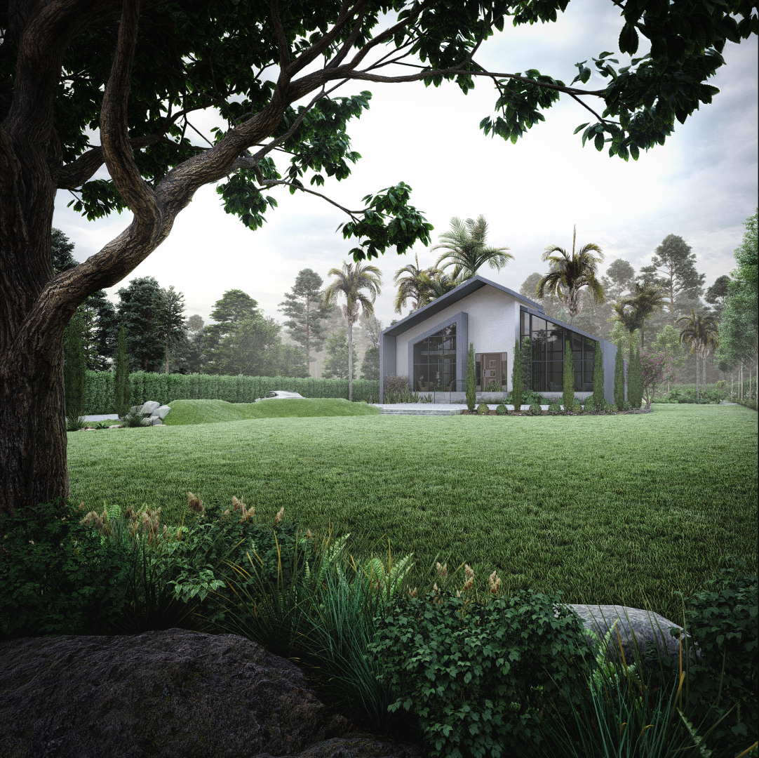 Modern cabin house exterior 3D rendering surrounded by green lawn, trees, and natural landscape. – 3D rendering by Yantram Studio