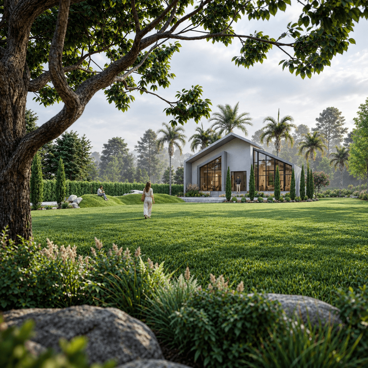 Modern cabin house exterior 3D rendering surrounded by green lawn, trees, and natural landscape. – 3D rendering by Yantram Studio