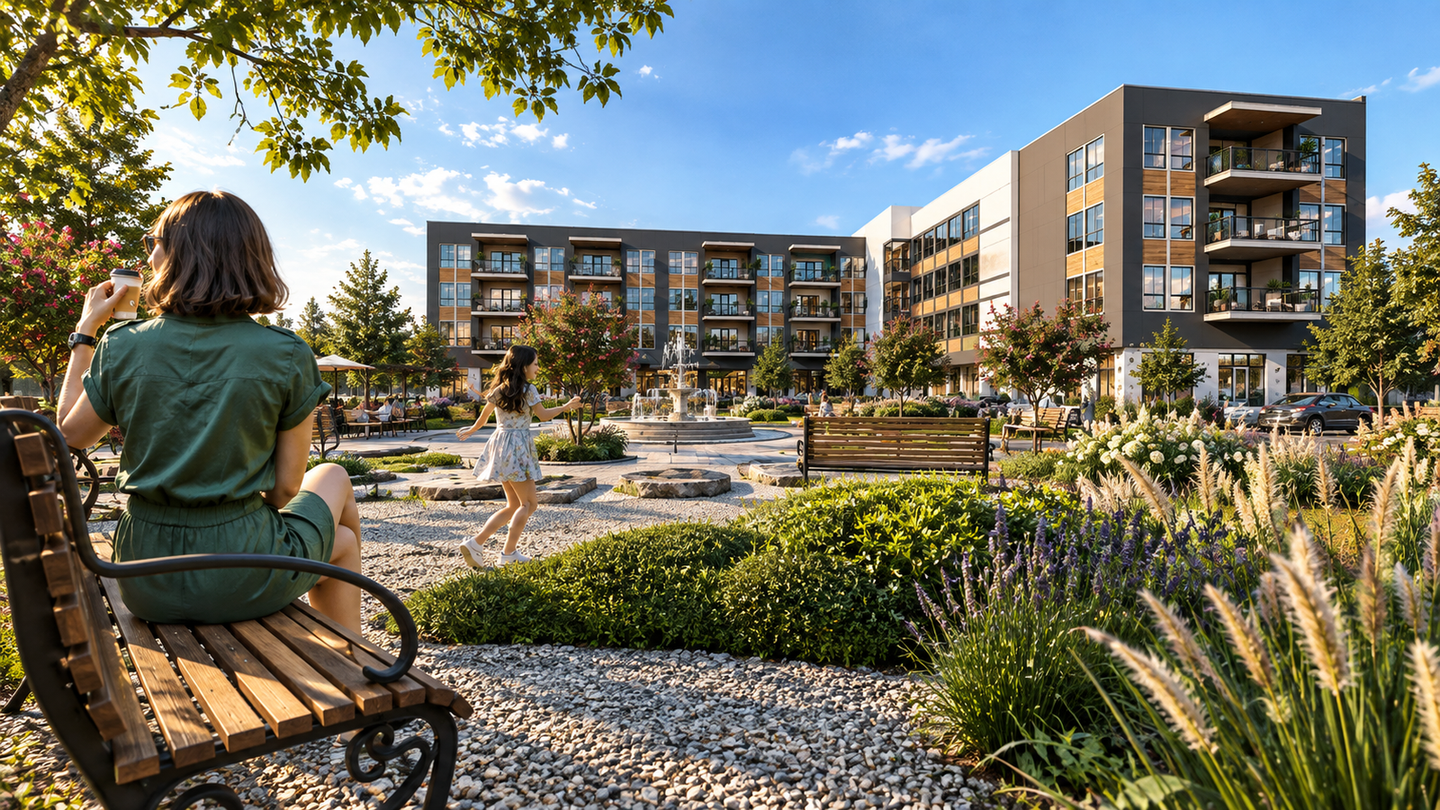 Contemporary multi-family apartment complex with landscaped courtyard, walking paths, seating benches, and modern residential buildings in the background. – 3D visualization by Yantram Studio,