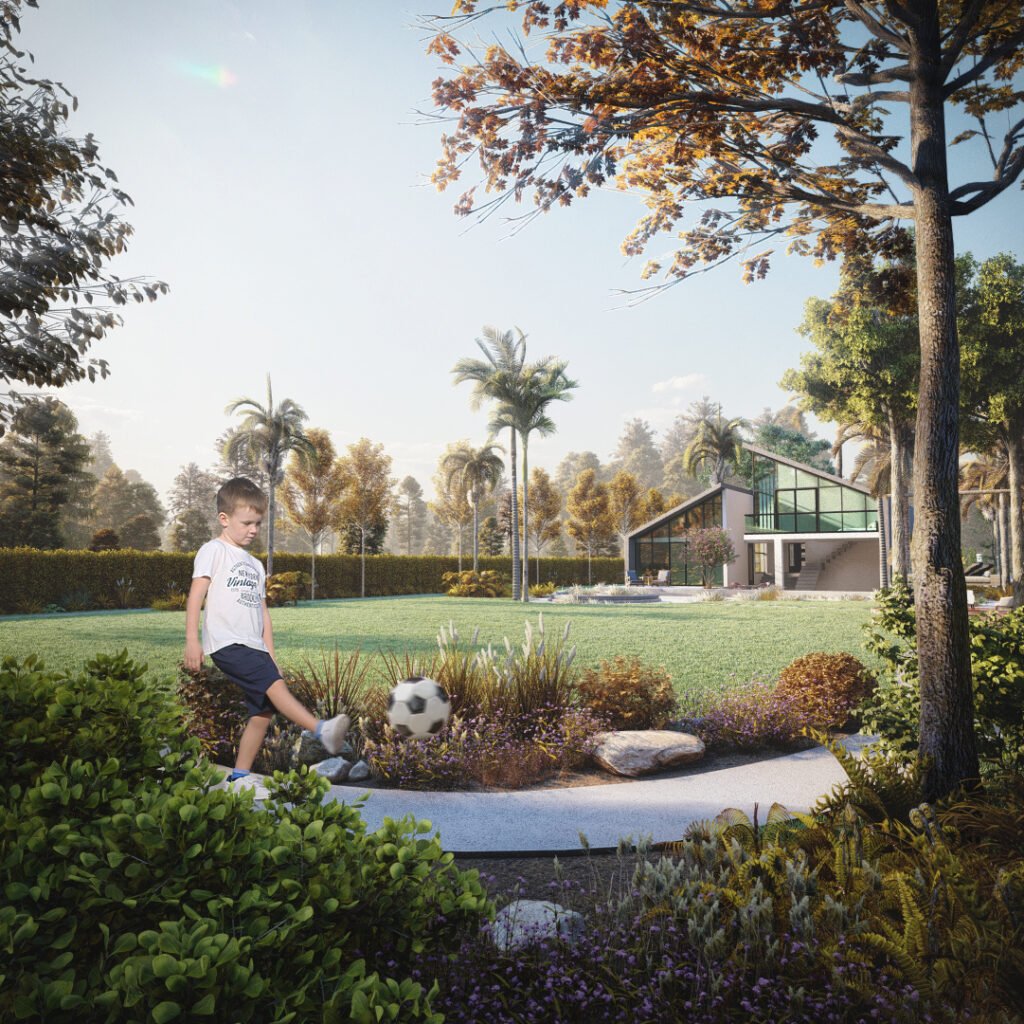 3d, architectural, visualization, studio, rendering, back yard, home, villa, design, idea, view, exterior, landscape, animation, services, company, walking path, garden