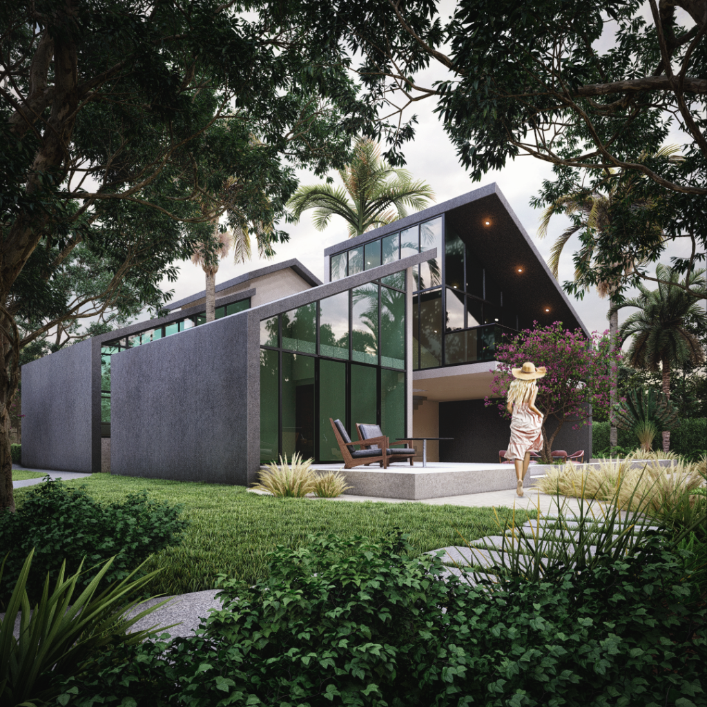 3D architectural Animation Studio rendering back yard home villa design idea view exterior