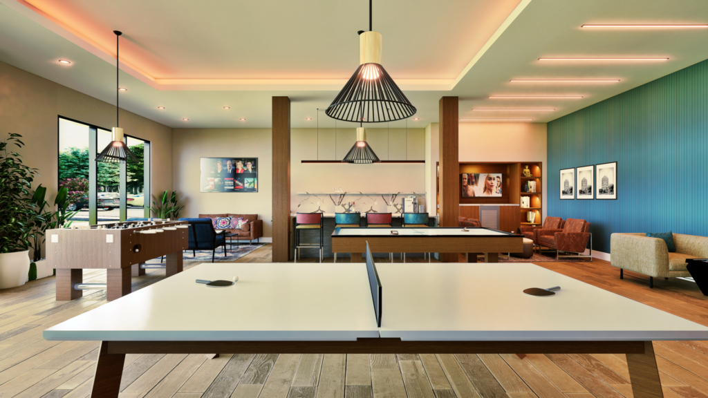 Modern Open-Plan Living Room & Modular Kitchen – 3D Interior Rendering Contemporary open-plan living room with modular kitchen, pool table, pendant lighting, teal accent wall, and modern seating area.