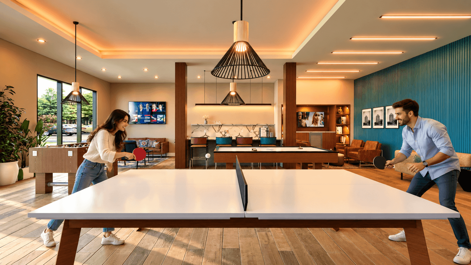 Contemporary open-plan living room with modular kitchen, pool table, pendant lighting, teal accent wall, and modern seating area – 3D exterior rendering by Yantram Studio
