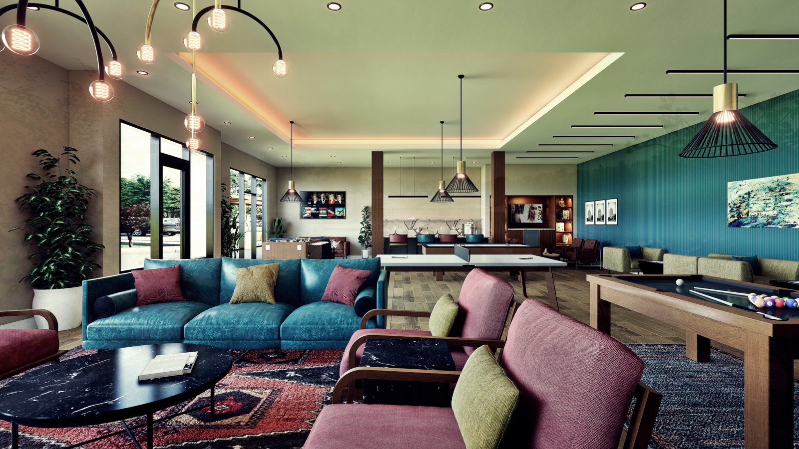 Modern lounge interior with colorful sofas, pendant lighting, pool table, open-plan layout, and large windows bringing in natural light – 3D architectural visualization by Yantram Studio