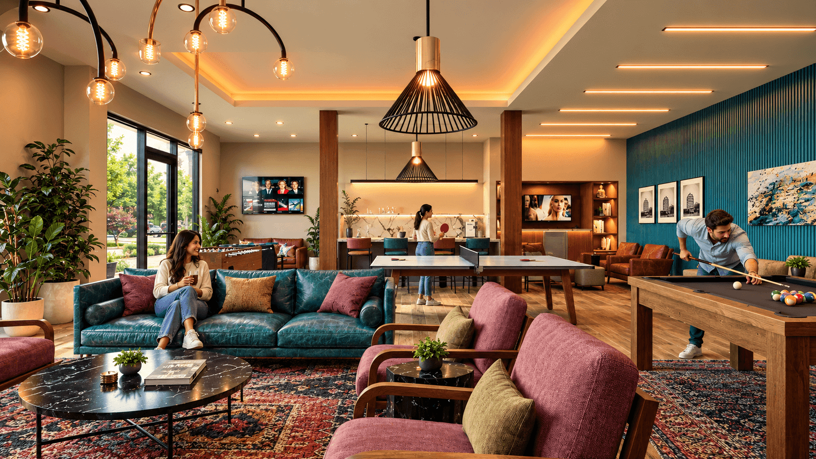 Modern lounge interior with colorful sofas, pendant lighting, pool table, open-plan layout, and large windows bringing in natural light – 3D architectural visualization by Yantram Studio