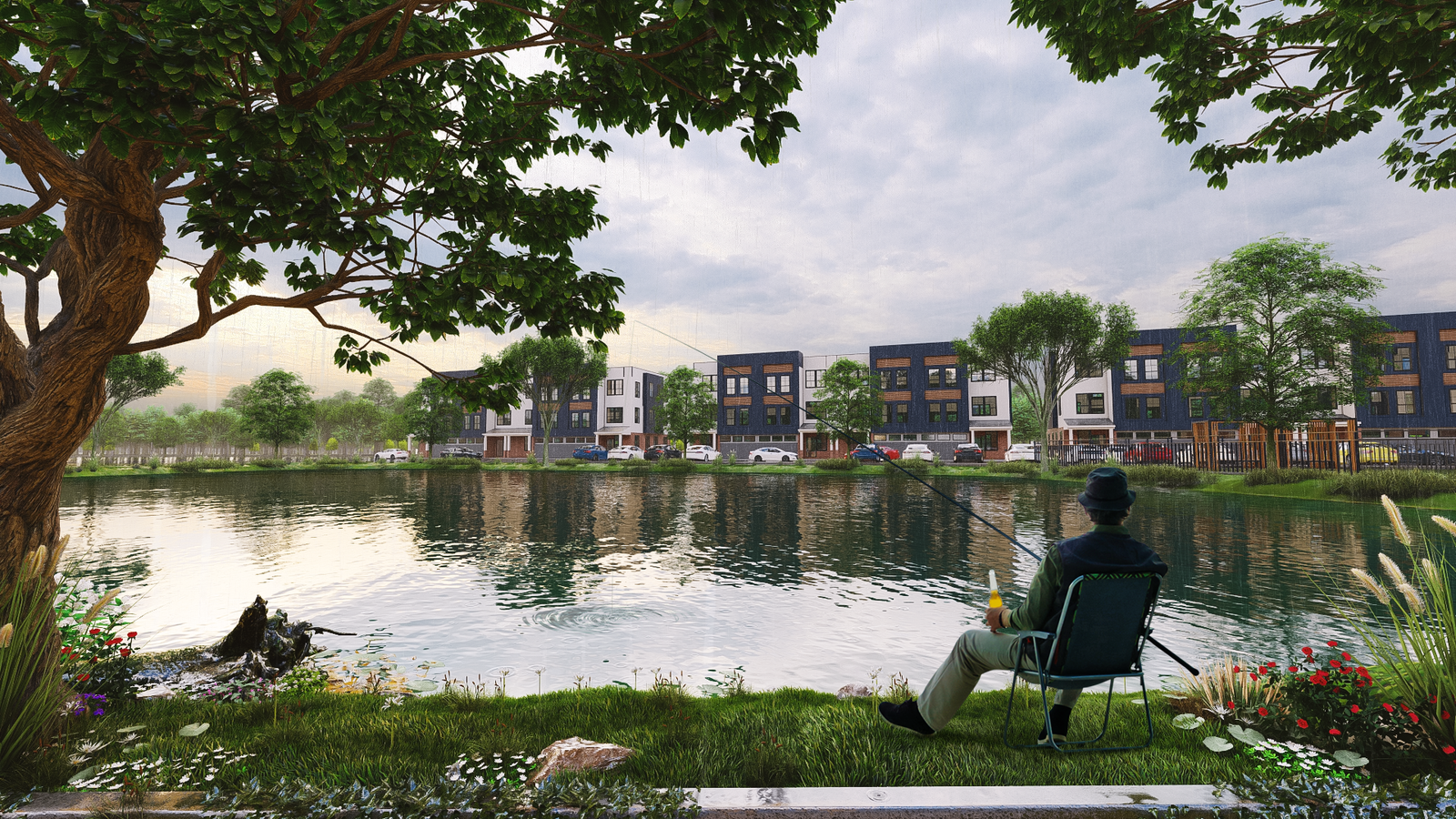 3D architectural rendering of a lakeside residential community with modern townhouses and a person fishing by the lake – 3D architectural visualization by Yantram Studio