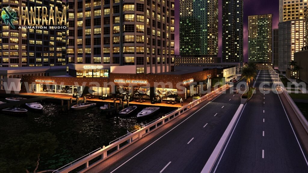 Luxury Waterfront Mixed-Use Development at Night Nighttime urban waterfront development with illuminated high-rise buildings, marina docks, street roadway, and vibrant city skyline.