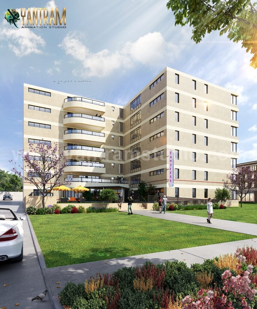 Modern mid-rise residential apartment building with curved balconies, landscaped courtyard lawn, pedestrian pathways, and contemporary façade design. – 3D visualization by Yantram Studio