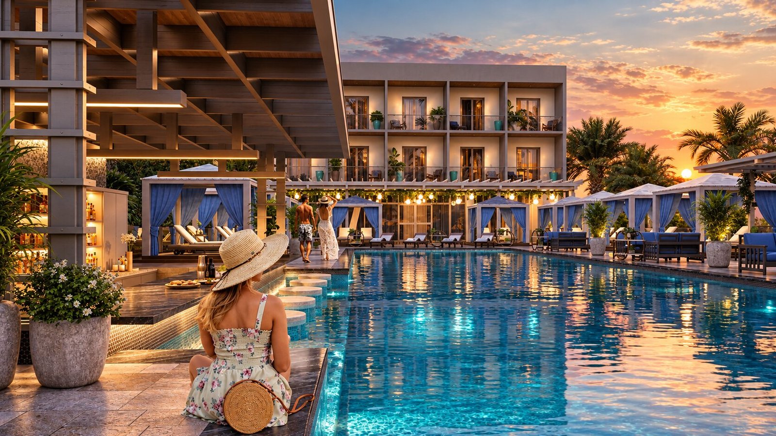 Twilight pool and bar area render with lit building facades, water reflection and outdoor dining seating in golden hour light — Hospitality Architectural Rendering Australia