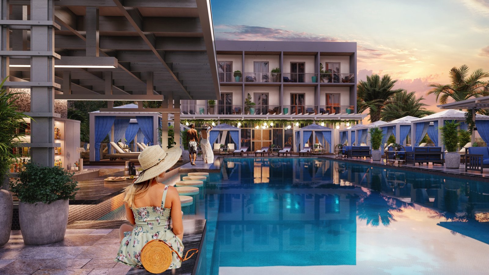 Twilight pool and bar area render with lit building facades, water reflection and outdoor dining seating in golden hour light