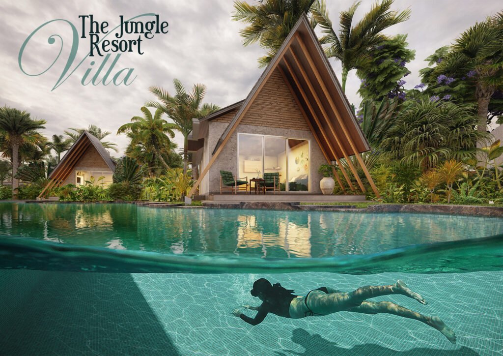 Luxury resort villa with thatched roof reflected in private infinity pool at sunset with tropical landscape