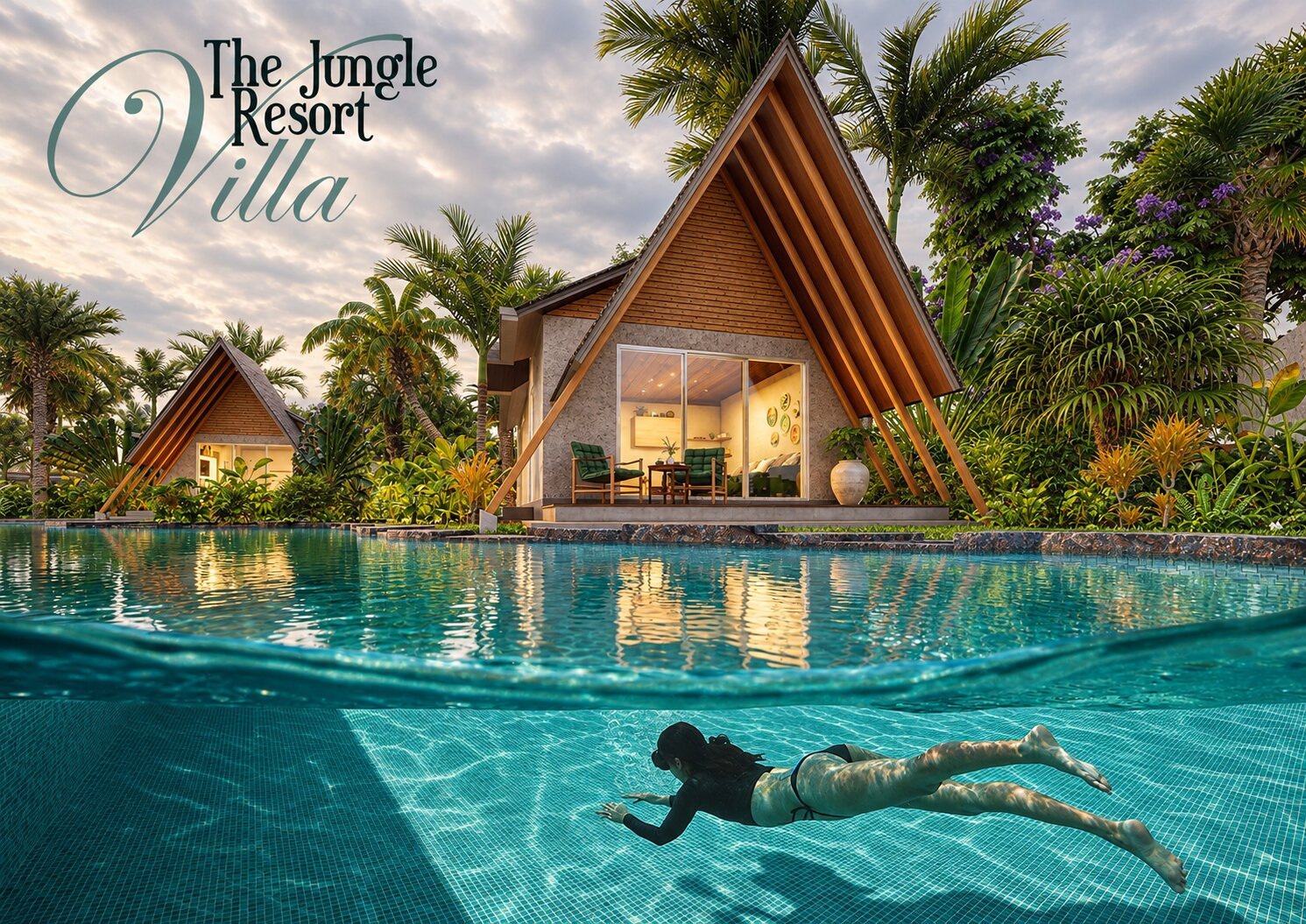 Luxury resort villa with thatched roof reflected in private infinity pool at sunset with tropical landscape — Motel Architectural Visualization Australia