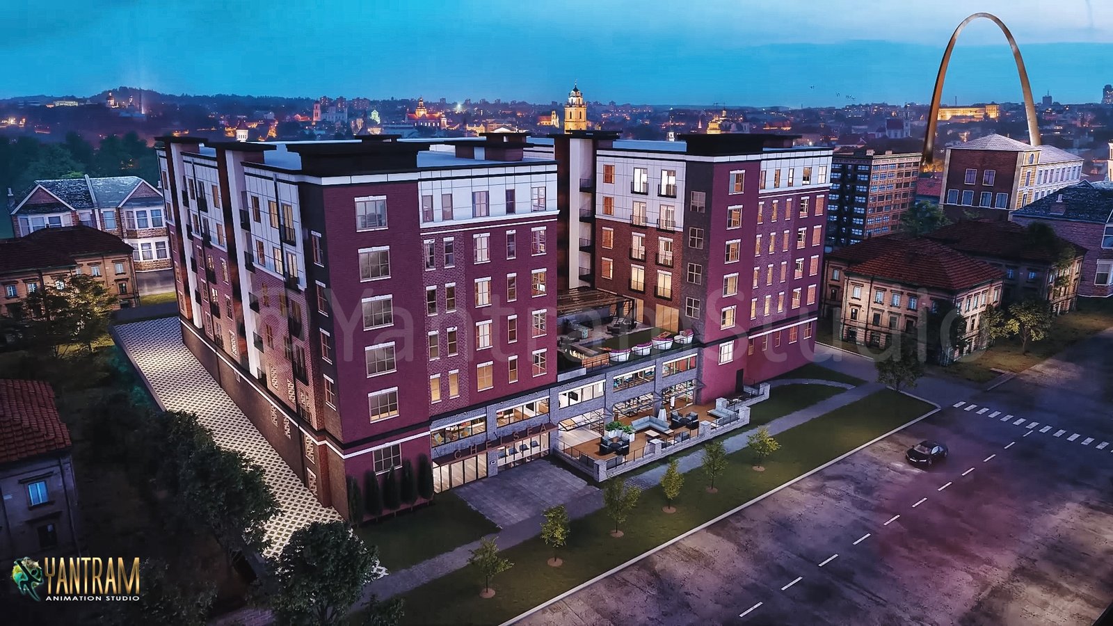 Mid-rise mixed-use residential building at dusk with ground-floor retail, rooftop terrace, illuminated windows, and urban city skyline backdrop.– 3D exterior rendering by Yantram Studio