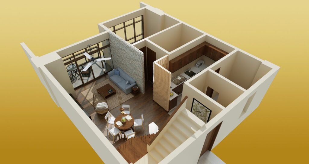 3D floor plan of a one-bedroom apartment — Floor Plan Califonia