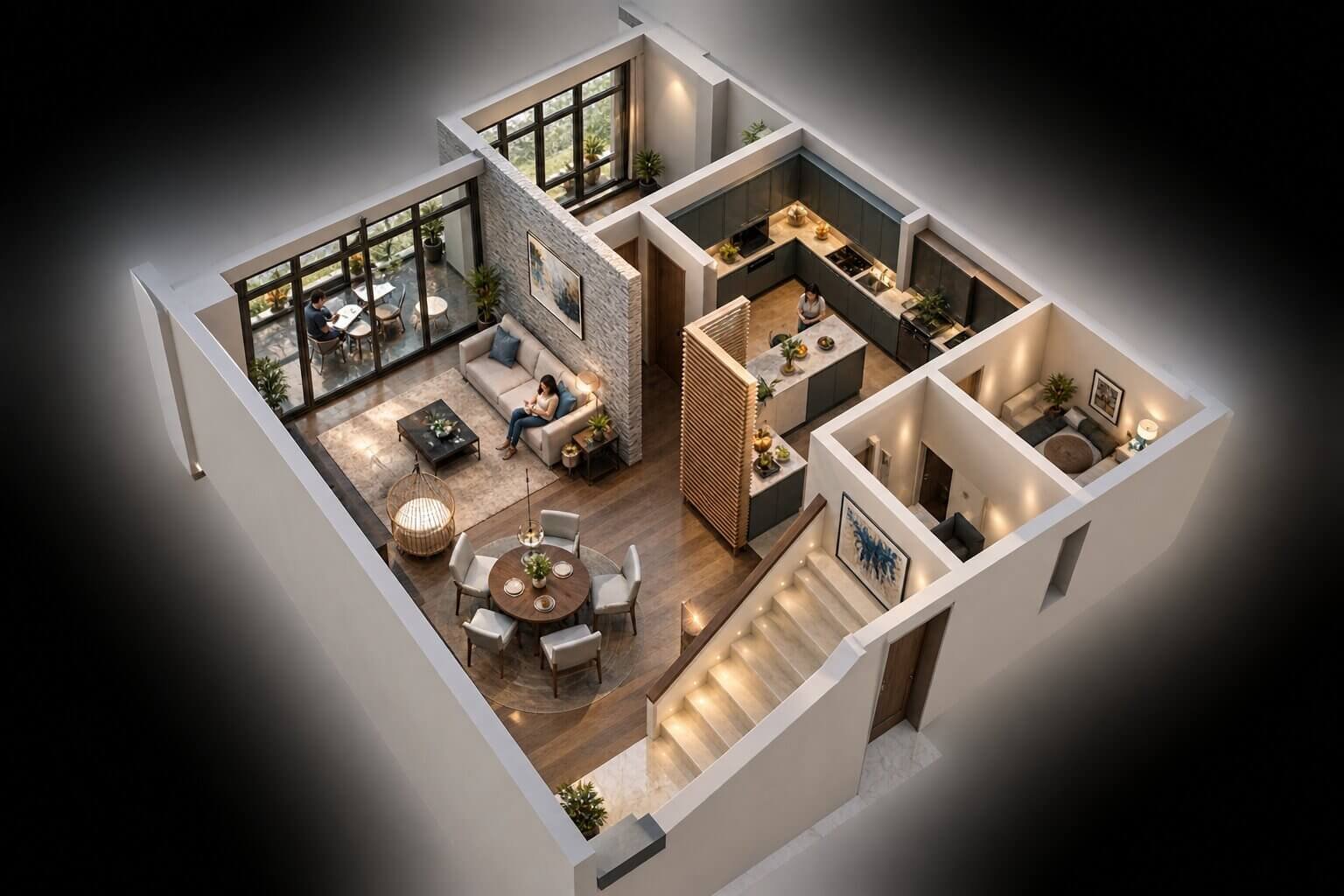 3D visualization of a one-bedroom apartment with furniture. — Commercial Rendering Austin