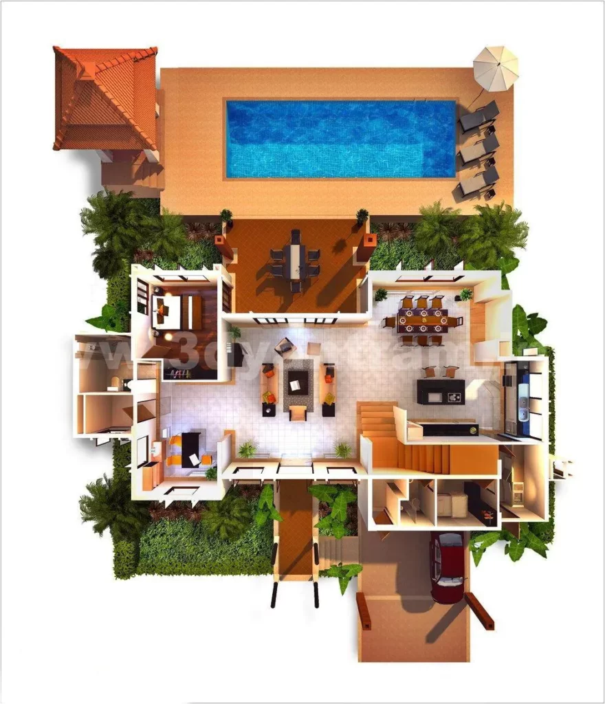 Top cut 3D floor plan bedroom living bath kitchen pool backyard front yard design services studio home house bungalow villa idea view firm company companies agency studio