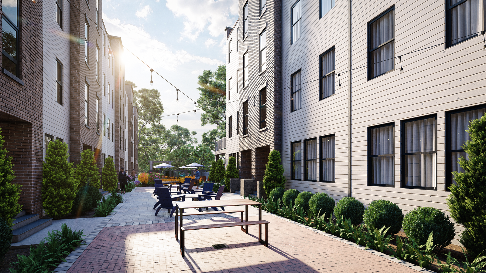 Modern apartment courtyard with brick and siding façades, landscaped walkway, outdoor seating, string lights, and late afternoon sunlight. – 3D exterior rendering  by Yantram Studio