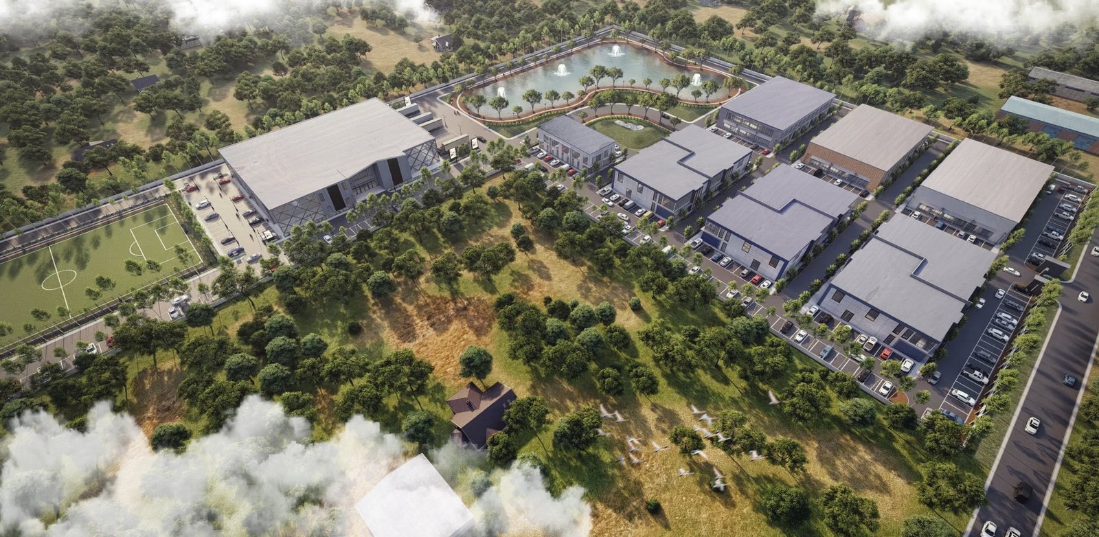 architectural rendering studio animation visualization services design view Idea exterior Bird View Arial landscape garden parking pool shop hotel complex company firms back yard – 3D architectural visualization by Yantram Studio