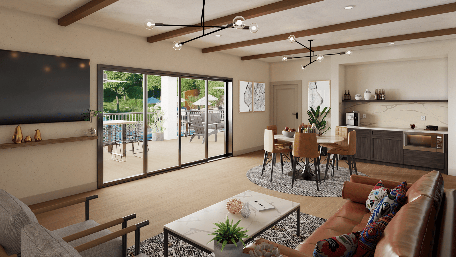Modern open-plan living room and dining area with exposed wood beams, leather sofa, sliding glass doors to balcony, and compact contemporary kitchen. – 3D rendering by Yantram Studio