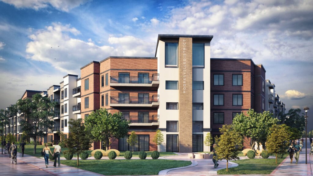 Contemporary Apartment Building Exterior – 3D Architectural Visualization Modern mid-rise apartment building exterior with balconies, landscaped courtyard, and contemporary brick and stone façade.