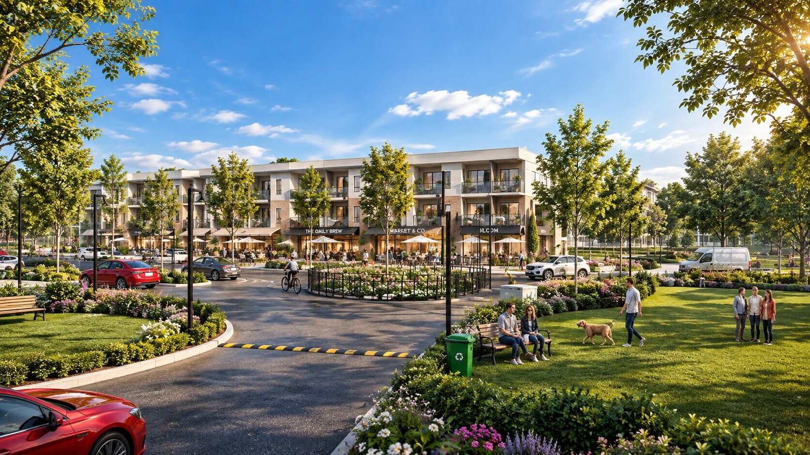 Modern three-story apartment buildings overlooking a landscaped parking area and green lawn with walking paths and residents outdoors on a sunny day. – 3D visualization by Yantram Studio