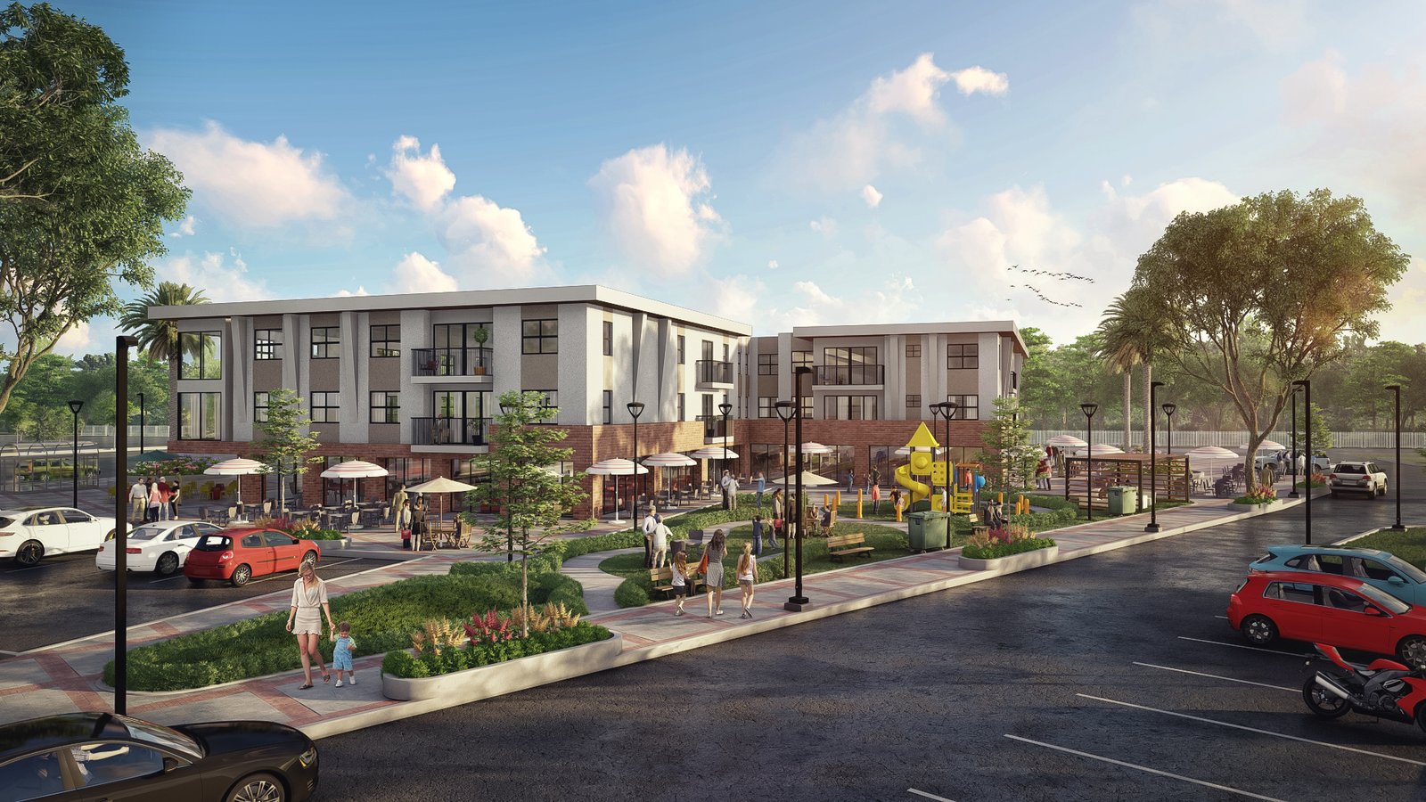 Three-story modern residential buildings with balconies and ground-floor retail, landscaped sidewalks, parked cars, and pedestrians on a sunny day. – 3D rendering by Yantram Studio