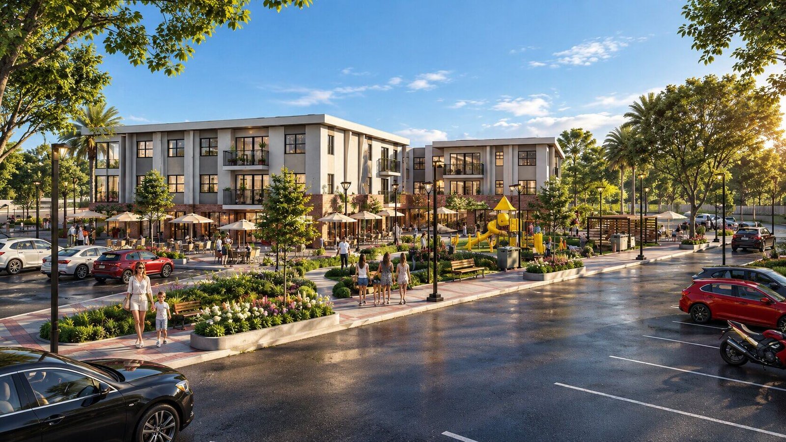 Three-story modern residential buildings with balconies and ground-floor retail, landscaped sidewalks, parked cars, and pedestrians on a sunny day. – 3D rendering by Yantram Studio