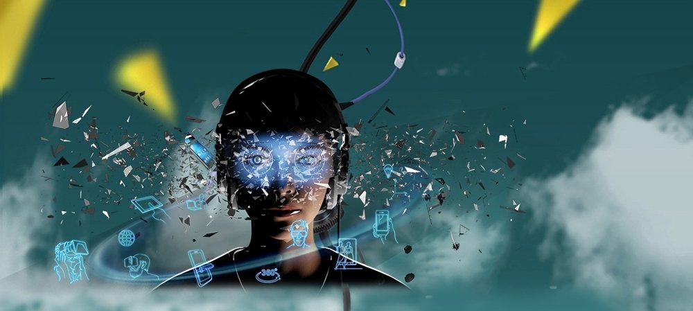 Virtual reality developer wearing headset surrounded by digital interface particles and data visualization