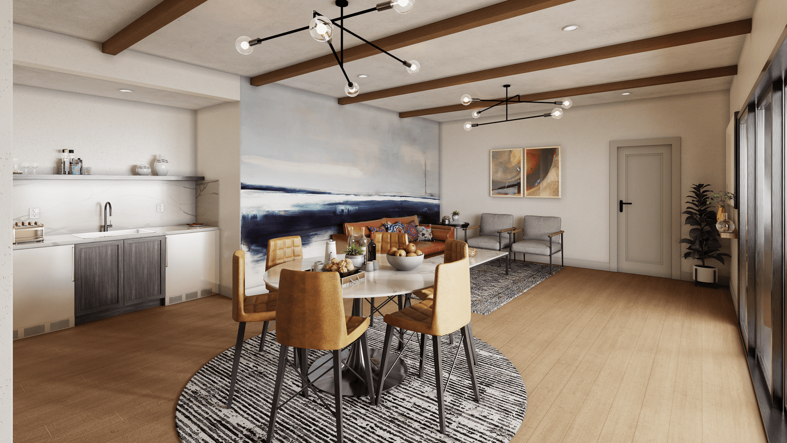 Modern open-plan living and dining area with wood beam ceiling, round dining table, contemporary chandelier lighting, kitchenette, and neutral-toned furnishings. – 3D architectural visualization by Yantram Studio