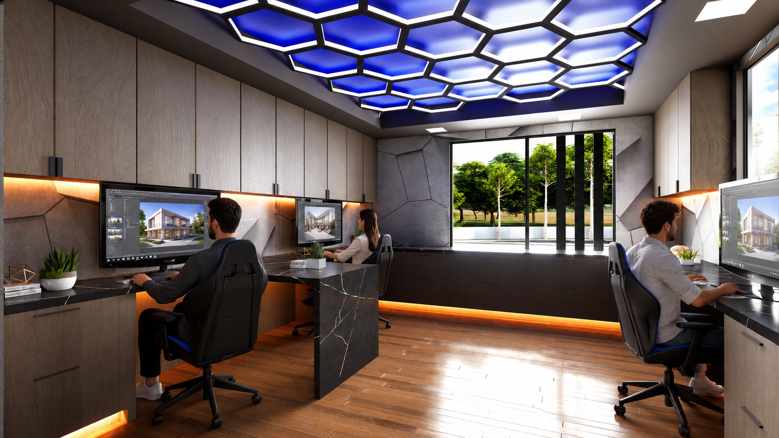 working area visualization services Idea 3D designers Interior view designers Modern home bungalow villa apartment house architectural rendering studio animation wall design – 3D visualization by Yantram Studio