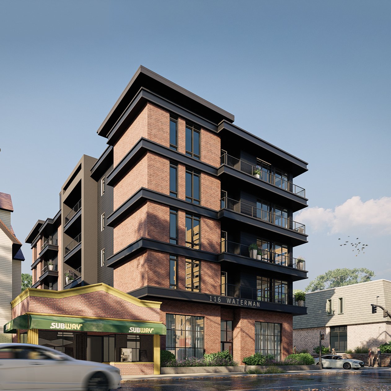 Contemporary Brick Condominium Exterior – 3D Architectural Rendering Modern mid-rise condominium building with brick façade, black metal balconies, ground-floor retail space, and urban street setting.