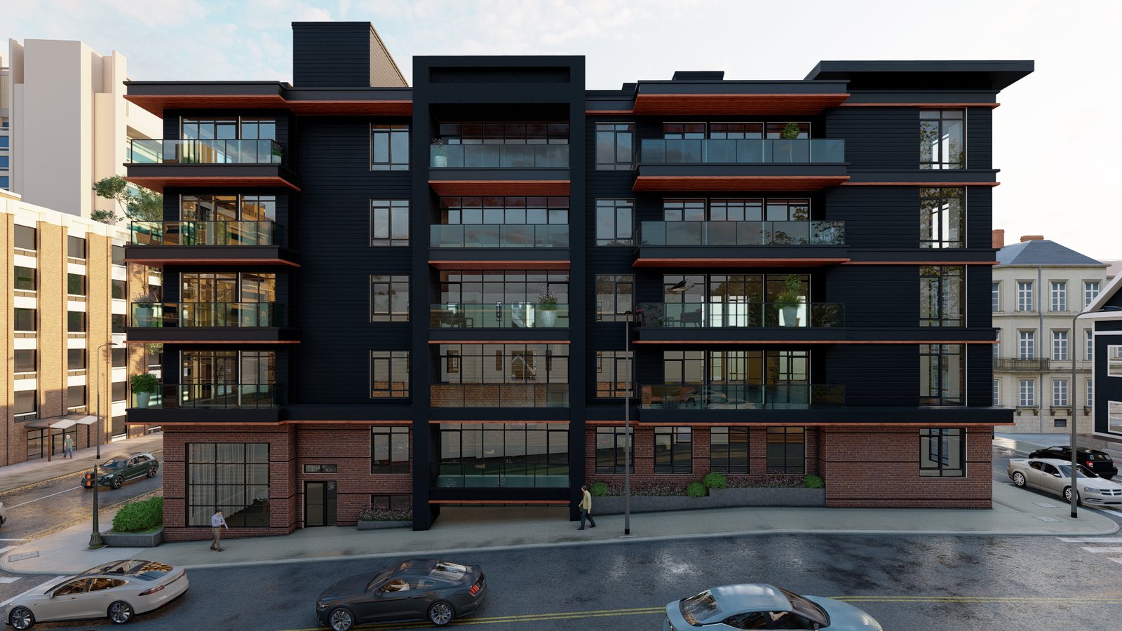Modern mid-rise apartment building with dark façade, brick base, glass balconies, and active urban street frontage.