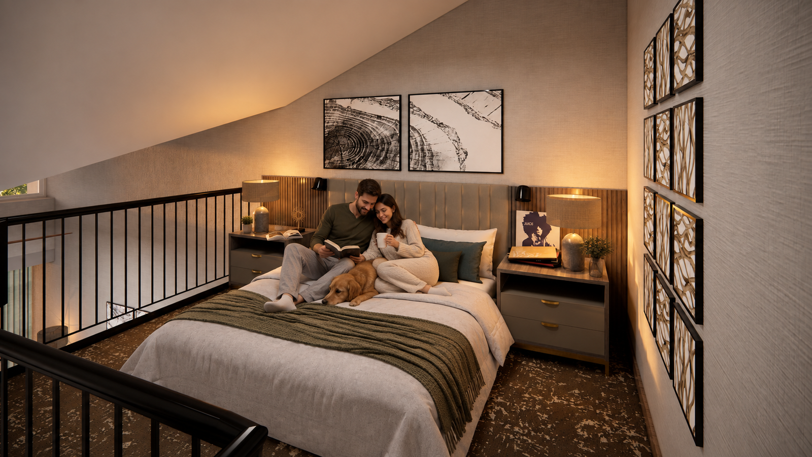 Charming bedroom with modern decor and soft lighting — 3D Interior Rendering Uk