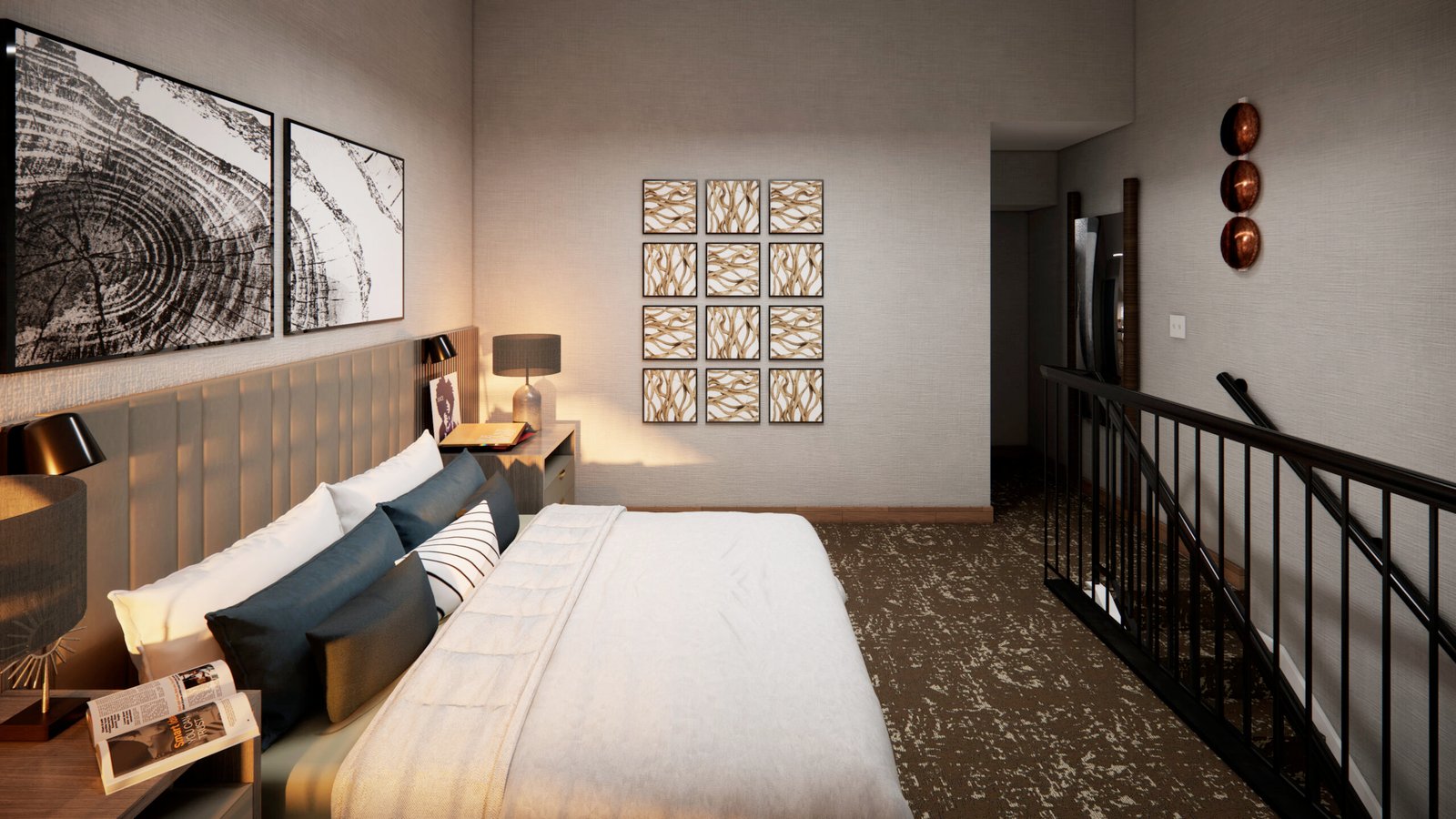 Modern bedroom interior 3D rendering with upholstered bed, bedside lighting, wall art, and staircase railing.– 3D rendering by Yantram Studio