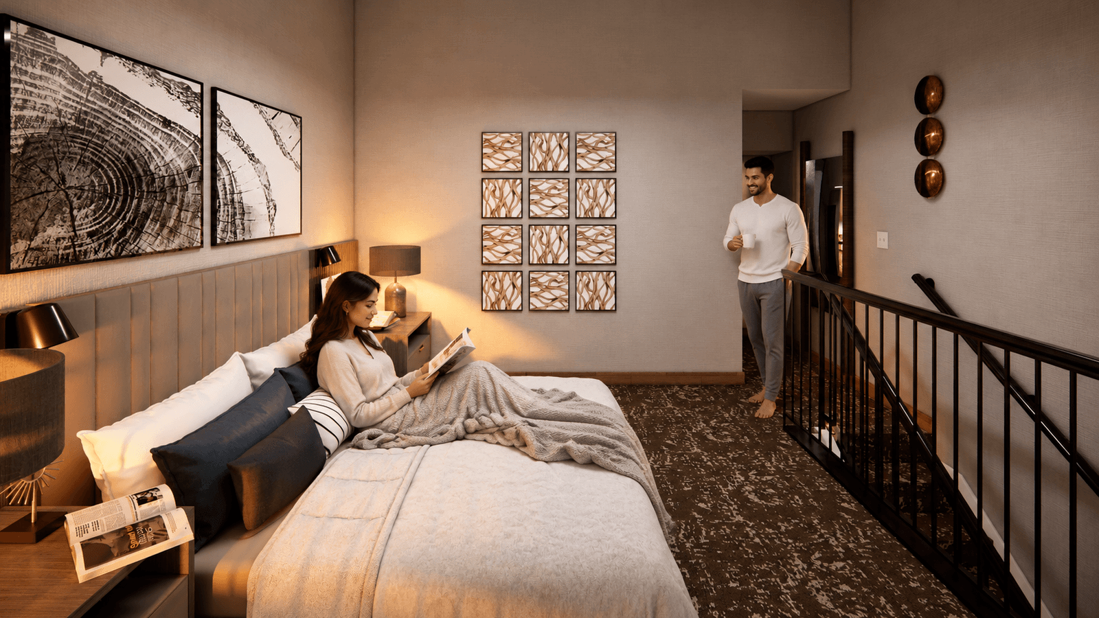 Cozy hotel bedroom with inviting decor and warm lighting — 3D Architectural Rendering Uk