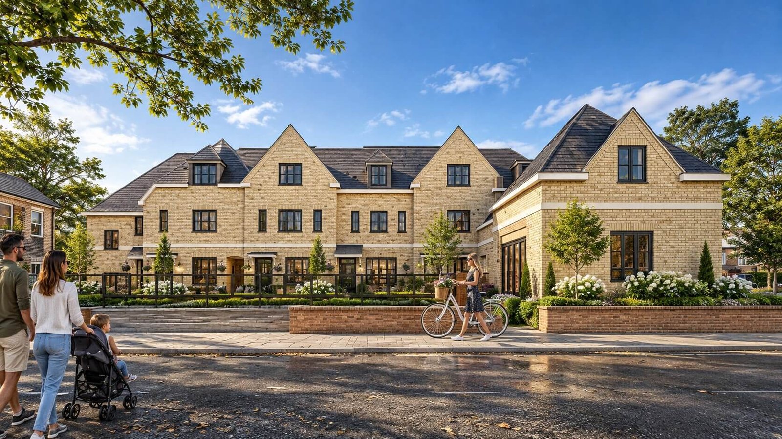 Large beige brick residential building with multiple gabled roofs, landscaped frontage, and people walking and cycling along the sidewalk on a sunny day.