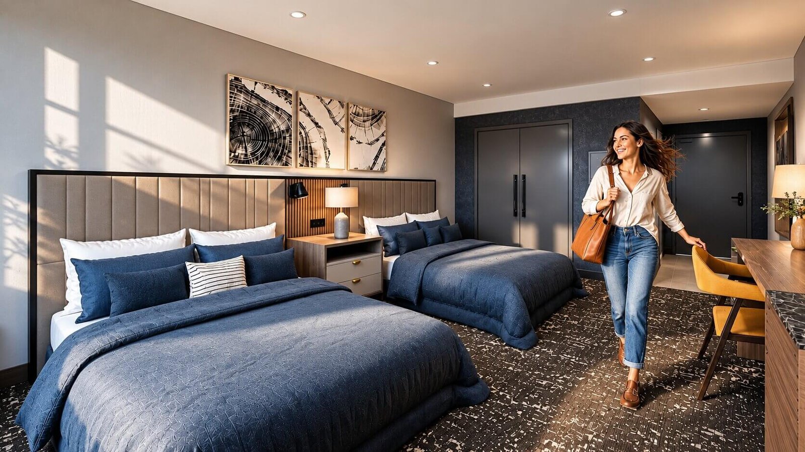 Stylish bedroom featuring modern design and comfortable beds