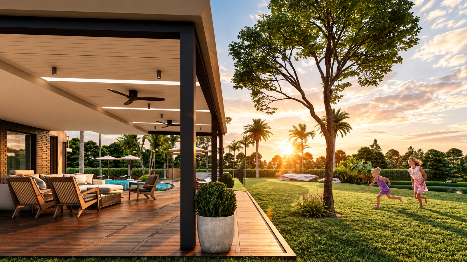 rendering studio animation visualization services design Idea residential company companies firms agency exterior home garden siting area pool architectural