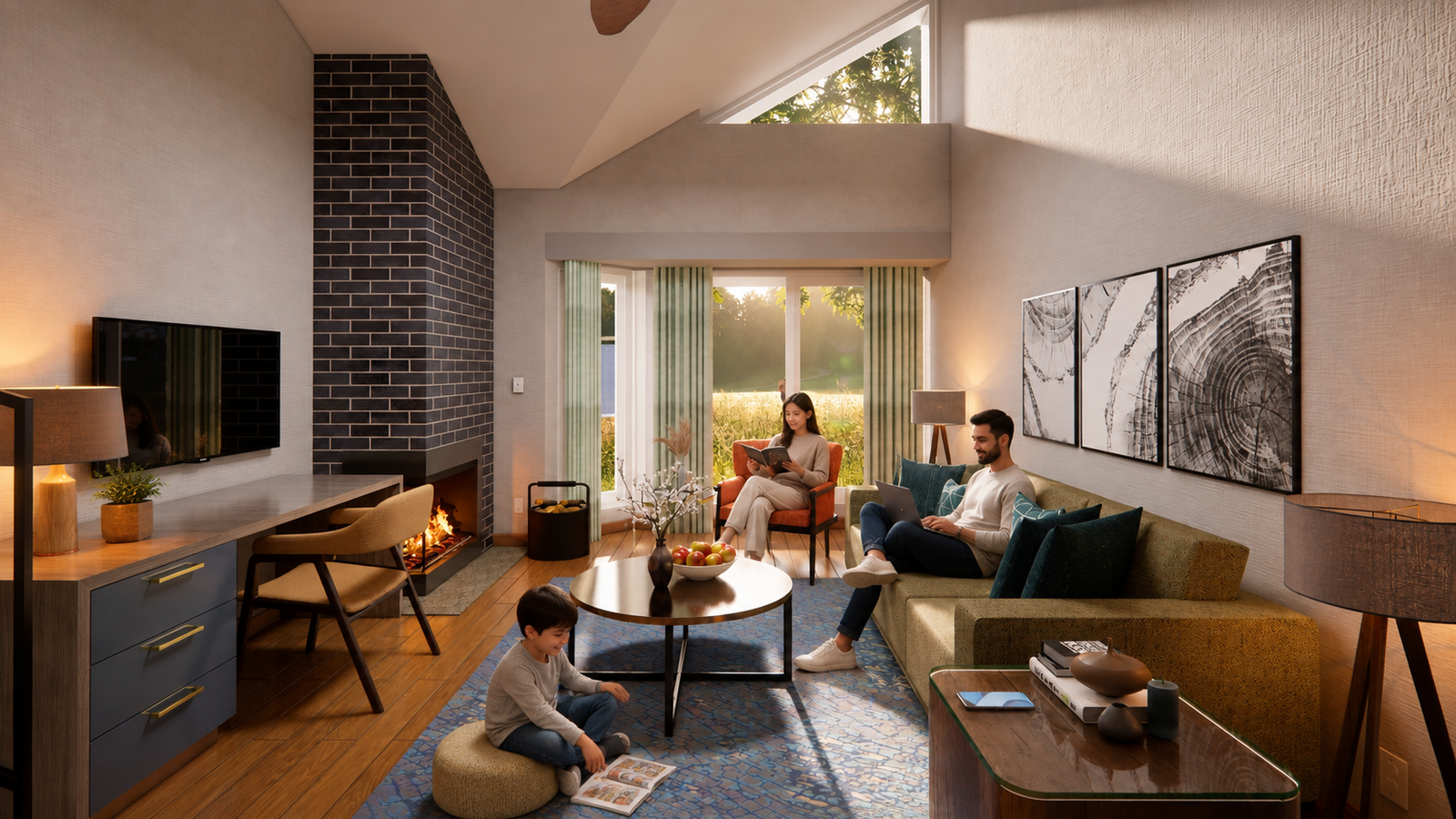 Modern living room interior 3D rendering with fireplace, sofa seating, workspace desk, and large glass window with natural light.