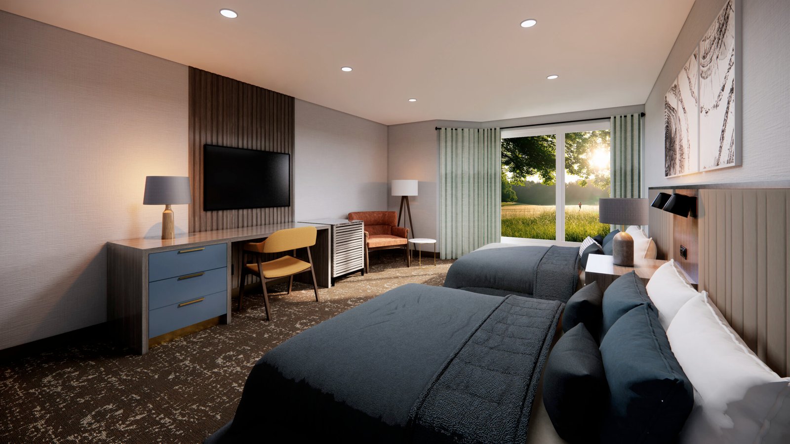 Modern bedroom interior 3D rendering with double bed, workspace desk, wall-mounted TV, and large window view.   – 3D visualization  by Yantram Studio