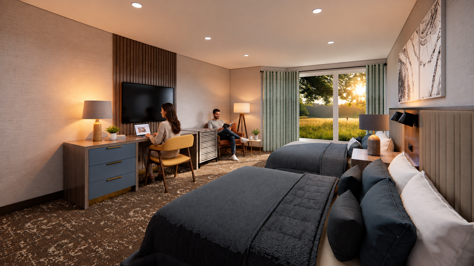 Modern hotel room with large windows and scenic views — Residential Rendering Uk
