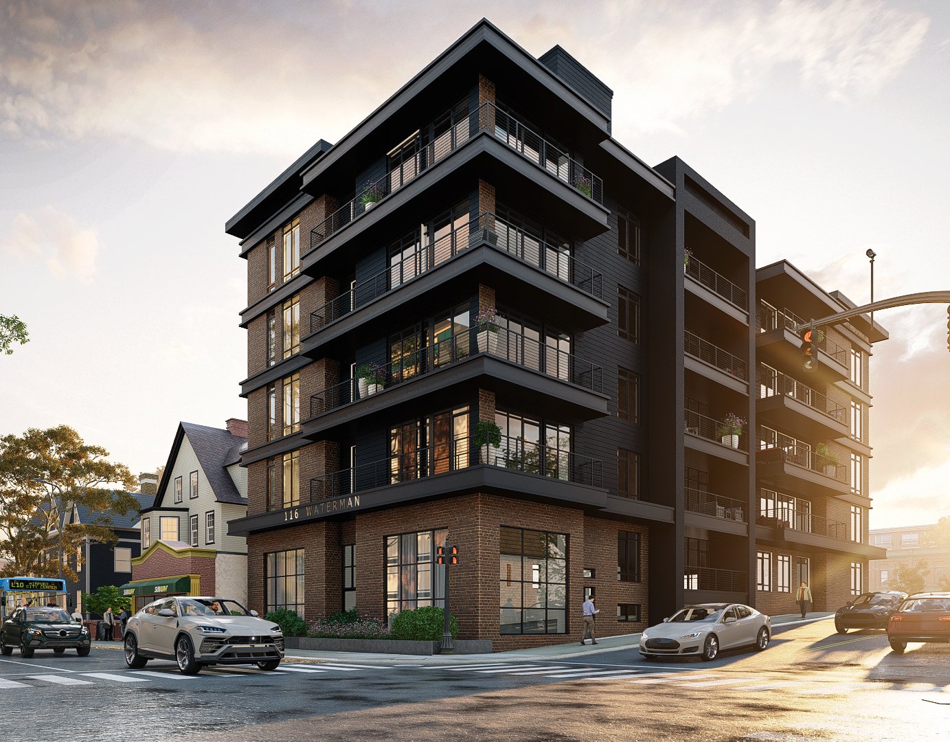 services design view Idea condominium apartment exterior balcony architectural rendering studio street road landscape shop firm company companies agency walkside